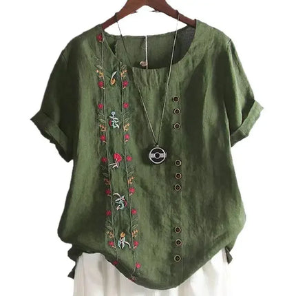 Retro Cotton Linen Short Sleeve Embroidered Flower Women's T-shirt Wish Brand Crew Neck plus Size Shirt from Mainland China
