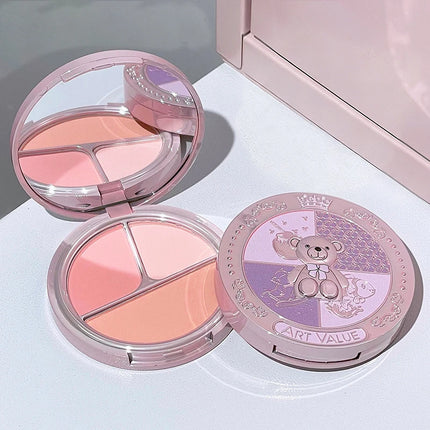 Bear Knight Blush Palette with Single Round Head Blush Brush Natural Matte Shimmer Long-Lasting Cheek Color Makeup Set for Daily