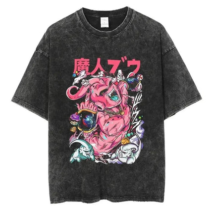 2026 Summer Dragon Ball Majin Vegeta Vintage Anime T-shirt Men's Pure Cotton Washed Tees Casual Loose Sports Daily Short Sleeve