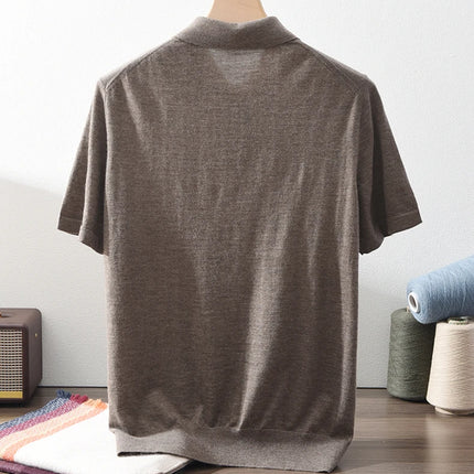 High quality 100% pure spun cashmere men's T-shirt casual solid color knitted pullover short sleeved POLO Neck Tees basic Tops