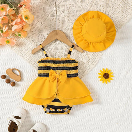 2Pcs Newborn Baby girl Little Bee Suspender Bodysuit+Hat Set for Baby girls 0-18 Months to take full moon Commemorative photos
