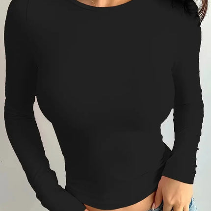2026 Summer Solid Crew Neck T-Shirt Casual Long Sleeve Top For Spring & Fall, Women's Clothing
