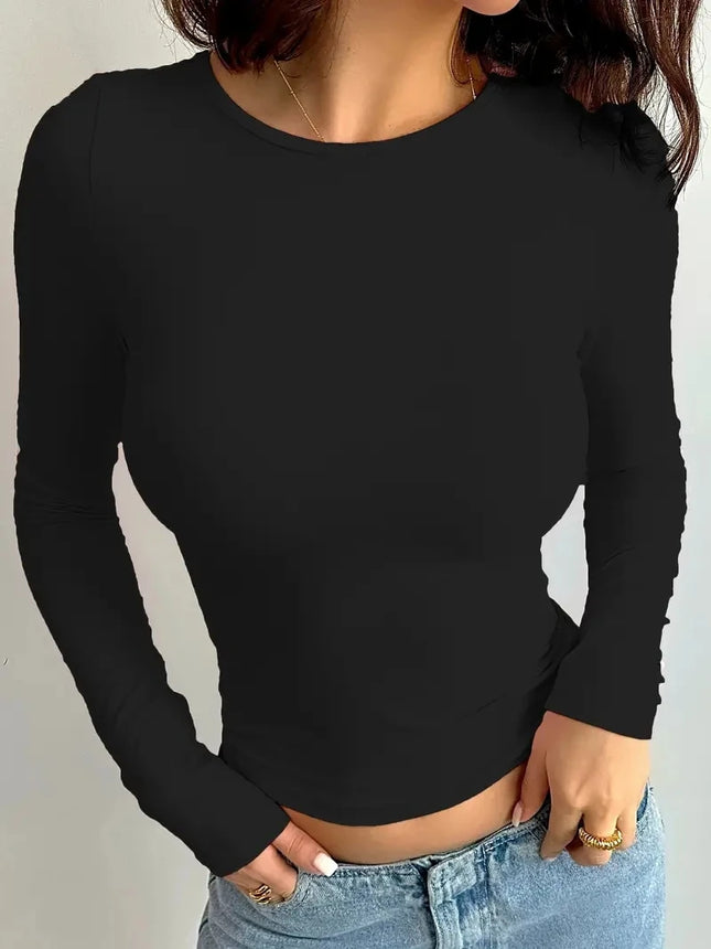 2026 Summer Solid Crew Neck T-Shirt Casual Long Sleeve Top For Spring & Fall, Women's Clothing