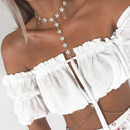 Women's Crop Tops 2024 Summer Lantern Sleeve Sexy Strapless Beach Tops Plus Size Red Black White Ruched Crop Top