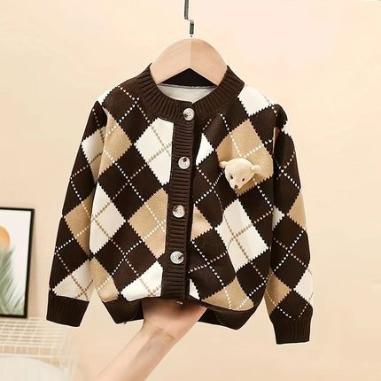 Girls Retro College Style Rhombus Knitted Sweater Cardigan Bear Horse Autumn New Style