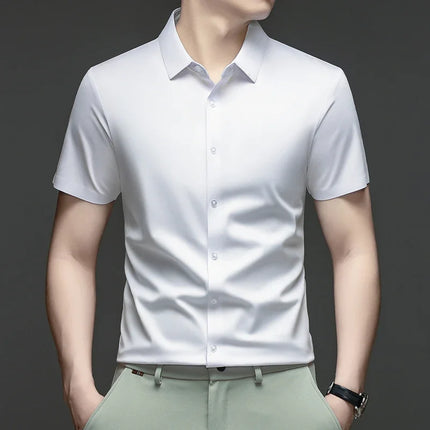Summer Men Short Sleeve Button Up Shirt Ice Silk Casual Business Formal Shirt Breathable Wrinkle Free