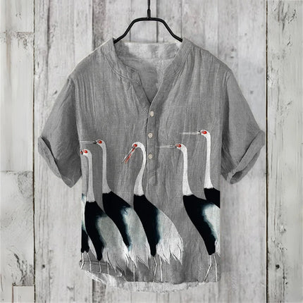 Chinese Retro Men's Short-Sleeved POLO Shirt Linen Blended Printed Clothing Casual Fashion Hawaiian Large Size Men's Tops