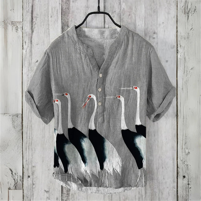 Chinese Retro Men's Short-Sleeved POLO Shirt Linen Blended Printed Clothing Casual Fashion Hawaiian Large Size Men's Tops