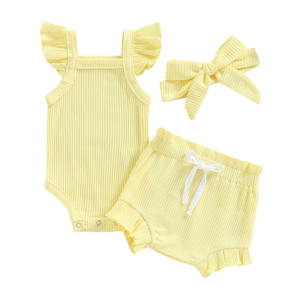 2021 Baby Summer Clothing Baby Girl Tops, Lace Up Pants Suit, Square Neck Short Ruffle Sleeve Romper, Loose Flouncing Shorts