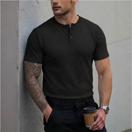 Men's Henley Collar Polo Shirt, Short Sleeve T-Shirt, Summer Casual Button-Down Placket Street Style Base Layer, S-3XL.