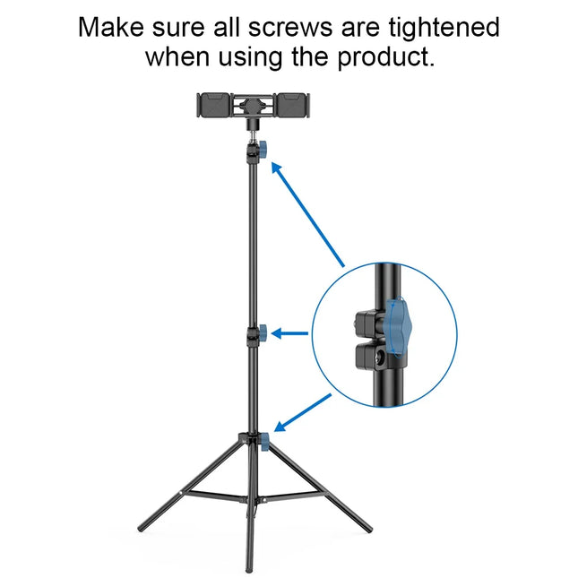 Dual Phone Tripod Stand 1.6M Adjustable with Clip for Live Video Recording Portable Floor Holder Support 2 Phone Simultaneously
