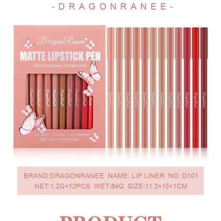 12-Piece Lip Liner Set Velvet Matte Matte Waterproof and Sweat-Proof Non-Fading Lipstick Autumn and Winter Whitening Complexion Long-Lasting Lip Liner