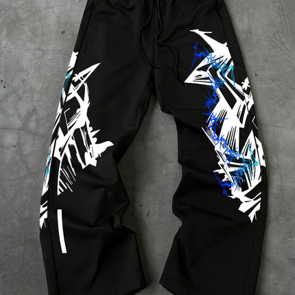 Y2K Abstract Blue Graffiti Geometric Print Mens Baggy Wide Leg Sweat Pants Loose Straight Drawstring Hip Hop Street Joggers