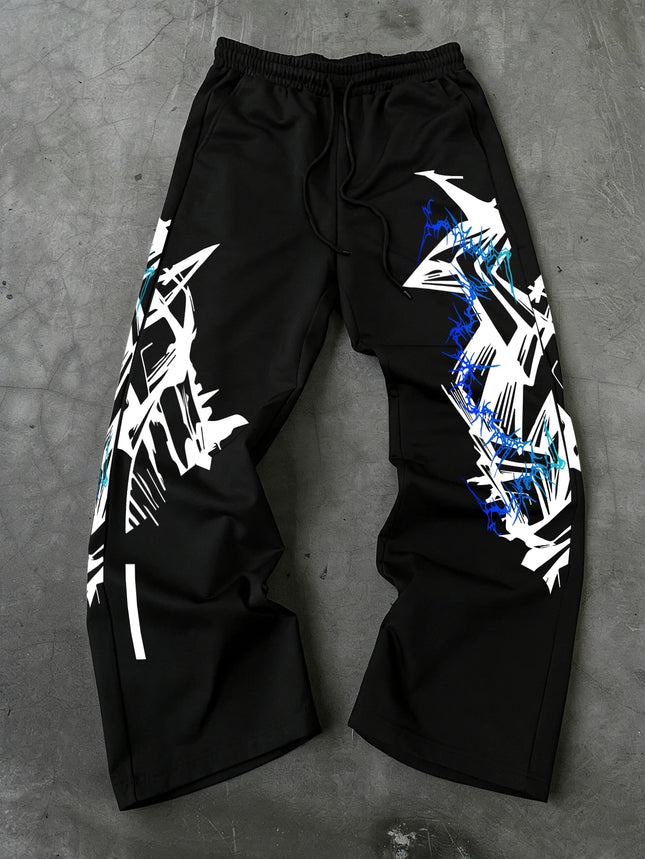 Y2K Abstract Blue Graffiti Geometric Print Mens Baggy Wide Leg Sweat Pants Loose Straight Drawstring Hip Hop Street Joggers