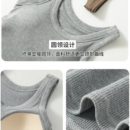 New Women Solid Round Neck Ribbed Tank Top Camisole Women Summer Basic Elastic TankTop One-piece Vest with Chest Pad Y2k