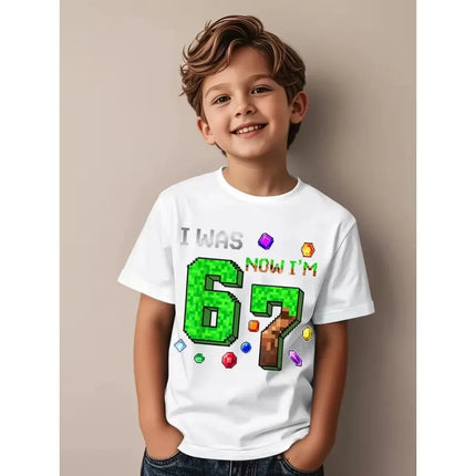 Summer Kids Short Sleeve Tops Children Cotton T-Shirt 'I WAS 6 NOW I'M 7' Birthday Print Casual Versatile Boys Streetwear Tshirt