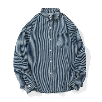 Vintage-Washed Denim Striped Long-Sleeved Shirt for Men Patchwork Design Loose-Fit Casual Shirt