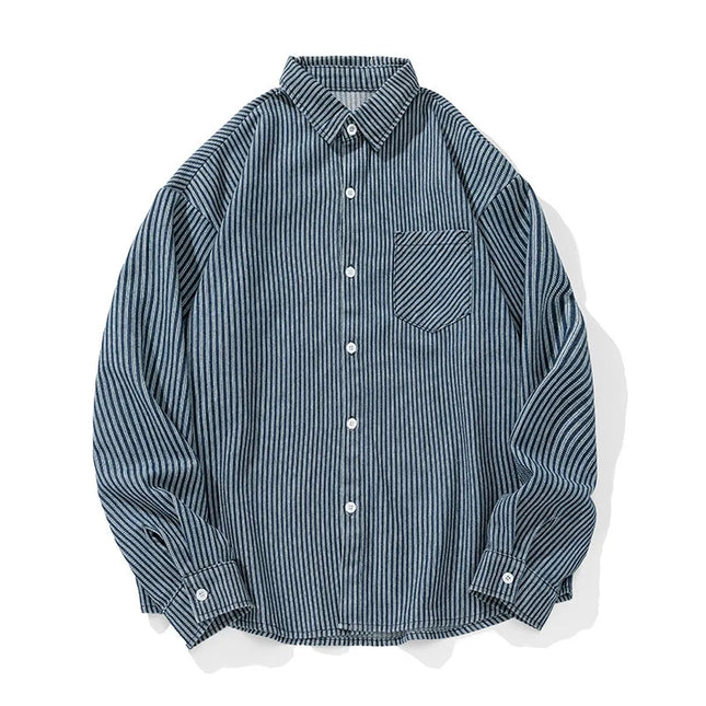 Vintage-Washed Denim Striped Long-Sleeved Shirt for Men Patchwork Design Loose-Fit Casual Shirt