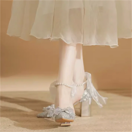Spring Pointed Toe Party Wedding Shoes for Women, Bride Bow Thick Heel Silver Sequin Fairy Lolita Style Single Shoes