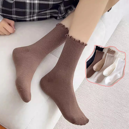Cotton Socks for Women Girls Ruffle Top Solid Color Spring Autumn Breathable Soft Mid-calf Sock 1 Pair or 2 Pairs