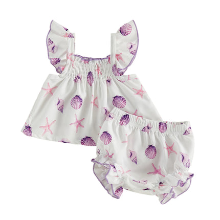 Baby Girl Summer 2Pcs Outfits Watermelon/Sunflower/Ocean Print Ruffled Trim A-Line Flying Sleeve Square Neck Tops and Shorts Set