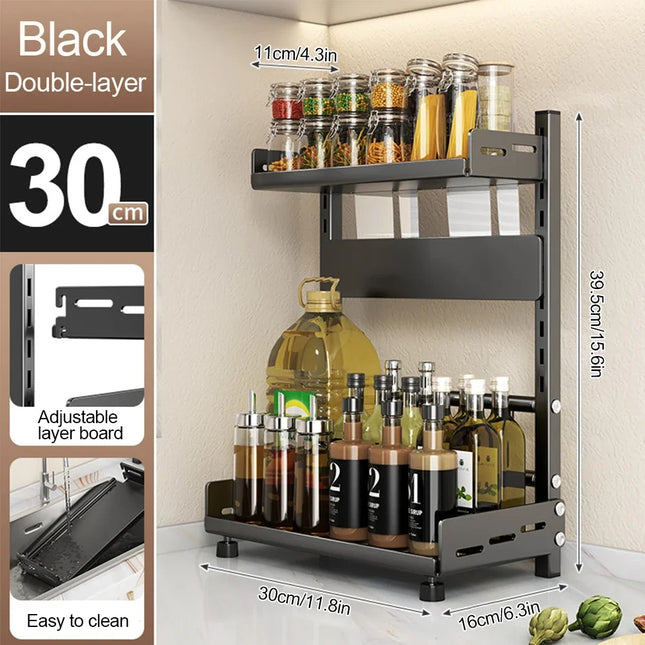 3 Tier Spice Storage Rack for Countertop Adjustable Spice Organization For Cabinet Kitchen Organizer Metal Shelf Black