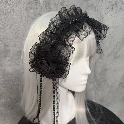 Gothic Lolita White Lace Headband with Angel Wings & Bow Elegant Ruffled Hair Band Hair Accessories for Women Cosplay & Party