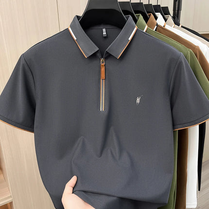 Men's Contrasting Striped Lapel Short Sleeved T-shirt, Summer Dad Outfit, New Cool POLO Top
