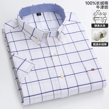 New 100% Cotton Oxford Men's Shirts Short Sleeve Plaid Soft Regular Fit Formal Dress Shirt Social Blouse Male Clothes 6XL 7XL