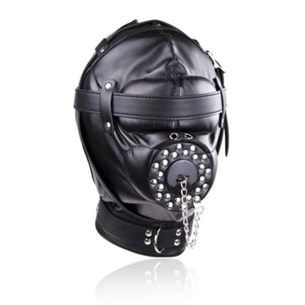 BDSM Bondage Headgear PU Leather Lockable Hood Mask with Openable Mouth Gag Funnel Sensory Deprivation Head Hood Sex Toy