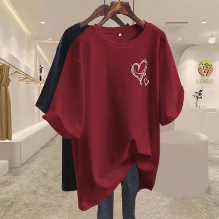 Summer 2025 New Elegant Love Print T-shirts Women Clothing Casual Loose Cotton Pullover Office Lady Basic Short Sleeve Top Tees