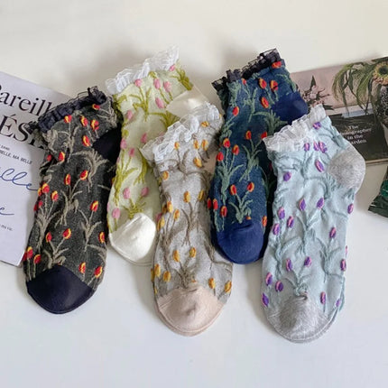 5 Pair Sweet Cute 3D Stereoscopic Flower Women's Socks Set Fashion Lace Edge Short Socks Spring Summer New Woman Streetwear