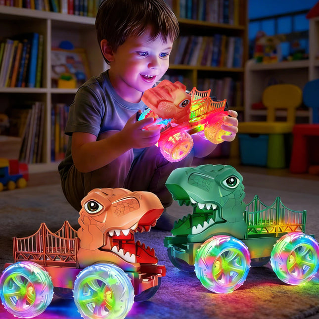 (2pack) LED Light Dinosaur Car Toy, Dino Monster Truck with Colorful Glowing Wheels, Interactive Play Vehicle Gift for Children