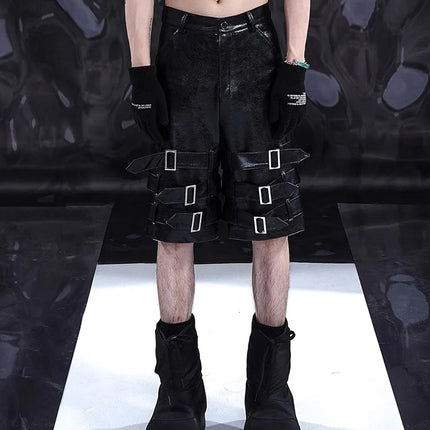 Mauroicardi Spring Summer Black Pu Leather Shorts for Men with Many Belt Mens with High Waist Short Straight Pants Clothes 2025