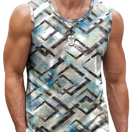 Mens Retro Geometric 3D Printed Tank Top Summer Casual Crew Neck Fashion Trend Sleeveless Vest Loose Breathable Sports Tops
