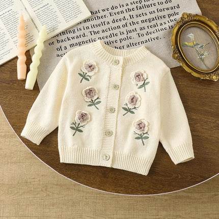 Infant Girl Knitting Cardigan Toddler Baby Girls Sweater Coat Autumn Hand Hook Three-Dimensional Flower Sweater Knitted Cardigan