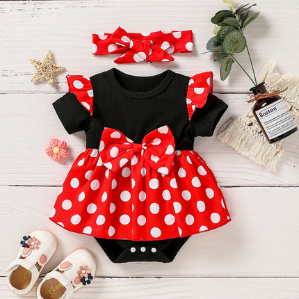 Newborn Baby Girl  Polka dot Dress With Bow Outfit - Soft Summer Wear for Infants - Cute  Clothig +Headband