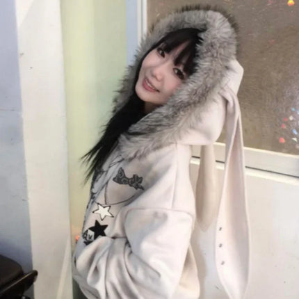 Harajuku Casual Rabbit's Ears Cute Hoodies Women Y2k Aesthetic Loose Printing Vintage Coats Streetwear Zipper Grunge Sweatshirts