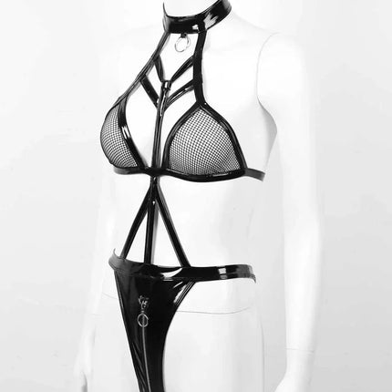Sexy PU latex leather mesh jumpsuit, exotic zipper jumpsuit clothing, women's sexy lingerie