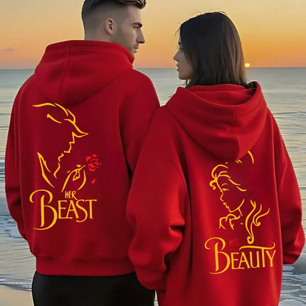 Romantic Theme Beauty and the Beast Couple Hoodies Men'S Women'S Separate Styles Pullover Casual Loose Fit Sweatshirt Hoodie Y2K