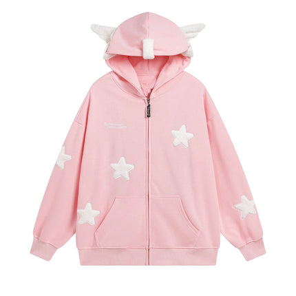 Japanese dopamine style cute star angel wing women's top autumn and winter loose hooded women's hoodie sweet style