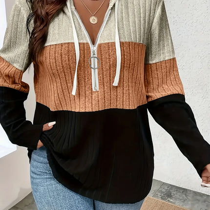 Plus Size Women's Hooded Fashion Knit Ribbed Cardigan Sweatshirt