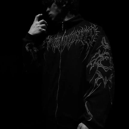 Men's Gothic Streetwear Zip-Up Hoodie Black Edgy Urban Athletic Dark Style Casual Oversized Pullover Sweatshirt with Zipper