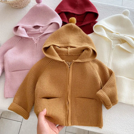 New Spring Autumn Toddler Girl Boy Sweater Coat Knit Hooded Cardigan Long Sleeve Top with Pockets Warm Casual Outerwear A5336
