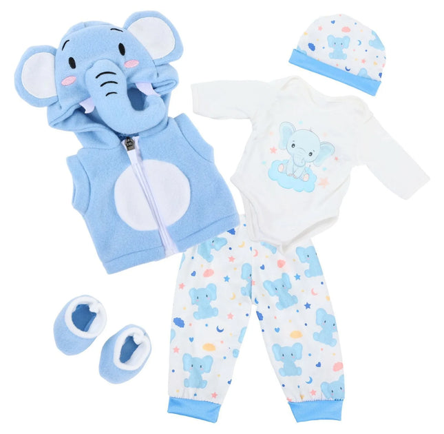 18 Inch Reborn Doll Clothes Set Cute Cat Elephant Panda Hooded Outfit Bodysuit Pants Hat Shoes Soft Plush Doll Accessories Gifts