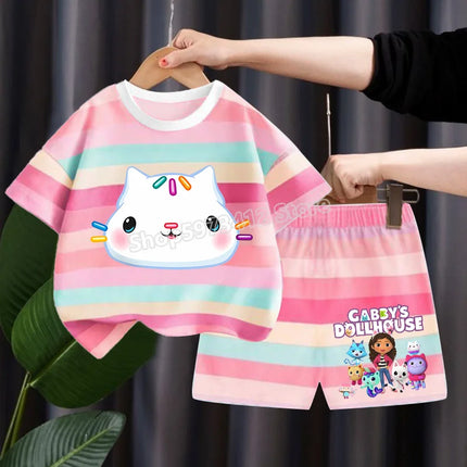Gabby Dollhouse Children Summer Clothes Shorts Suit 2pcs Striped T-shirt Set Kid Tops Girl Tracksuits Outfits Boy Sport Tee Gift