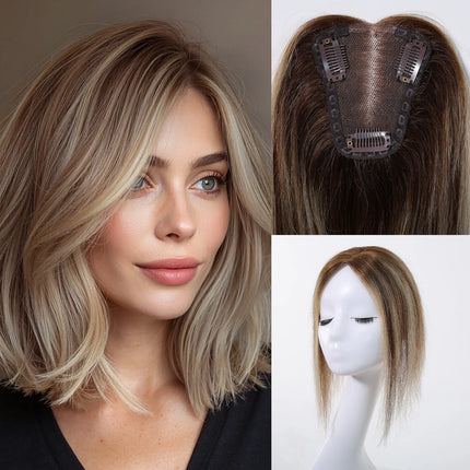 Light Brown Blonde Ombre 12 Inch Human Hair Toppers Lace Base Clip In Hairpiece for Women 100% Remy Human Hair Extensions