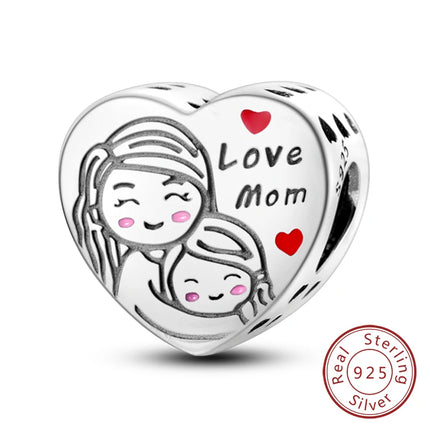 Original 925 Sterling Silver Charm Beads Love Heart Family Charms Pendant Fit Bracelet Charm Women DIY Jewelry Gift