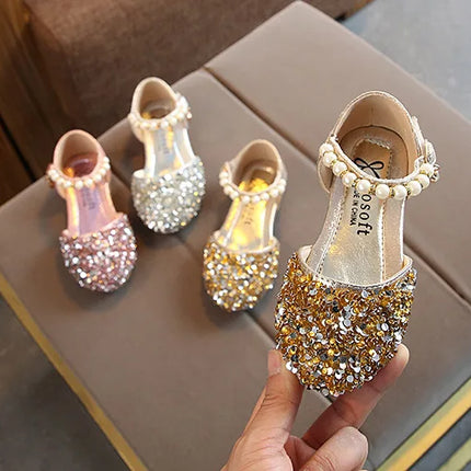 Summer Girls Shoes Bead Mary Janes Flats Fling Princess Shoes Baby Dance Shoes Kids Sandals Children Wedding Shoes Gold