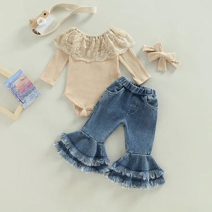 0-24months Baby Girls Pants Suit Long Sleeve Round Neck Lace Romper Tops Denim Bell-Bottoms Headband Clothes Set
